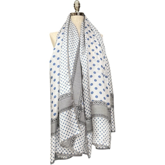 Vintage Sheer Blue Polka Dot Scarf Black Lace Border 70x42 Oversized Wrap - Picture 13 of 13